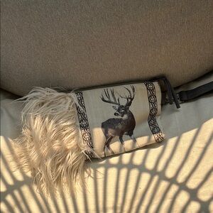 Beige Deer Print Clutch with Fringe